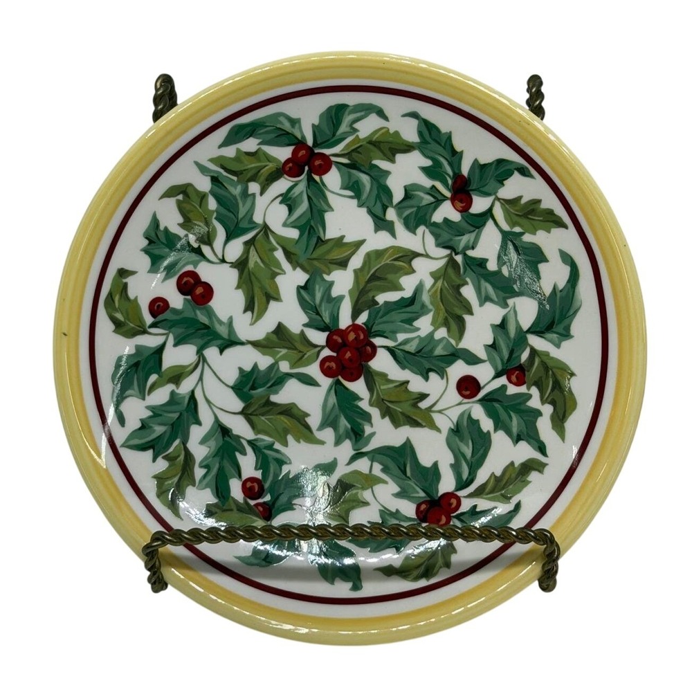 Longaberger‎ Pottery Christmas Holly Bread and Butter Plate Yellow Trim USA 7"